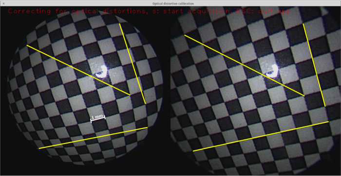 figure-results-4 Optical distortion calibration diagram; checkered pattern with yellow lines; lens distortion study.