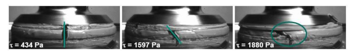 Material fatigue analysis, torsion stress measurements (τ=434 Pa, 1597 Pa, 1880 Pa), experimental result.