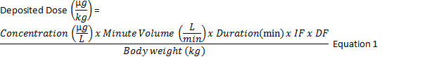 Deposited dose equation; Concentration, minute volume, duration, IF, DF over body weight; formula.