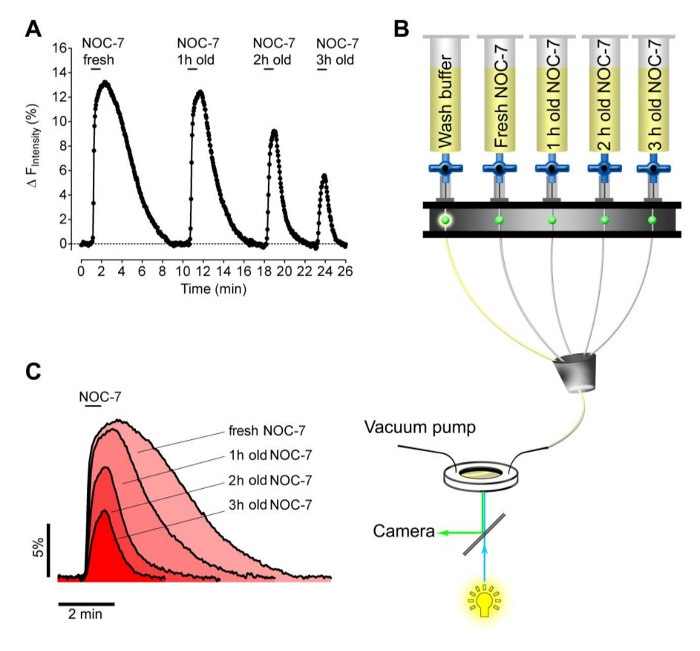NOC-7 chemical process in chromatography system; includes fluorescence intensity graph and vacuum setup.