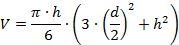 Volume calculation formula, V=πh/6(3(d/2)²+h²), mathematical equation image.