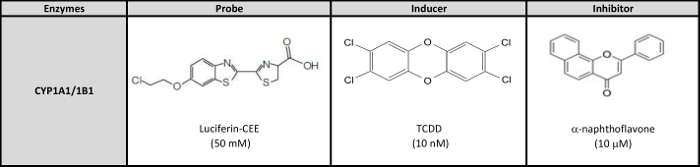 figure-protocol-7 CYP1A1/1B1 assay diagram, showing structures of luciferin-CEE, TCDD, α-naphthoflavone.