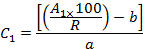 Equation for calculating concentration; formula includes variables A1, R, a, and b; chemistry use.