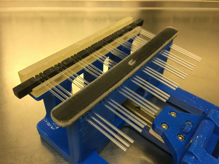 DNA separation technique setup; capillary array structure for electrophoresis; laboratory equipment.
