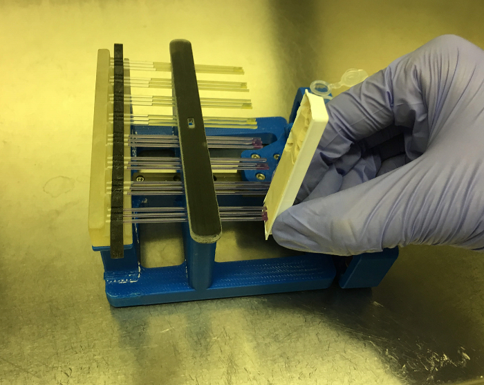 Gel electrophoresis setup, includes gel tray and comb, used for DNA separation and analysis.