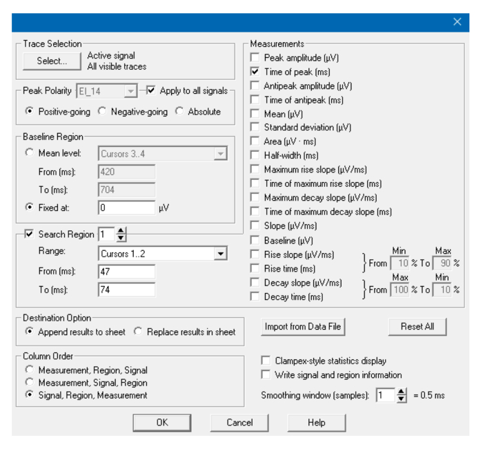 figure-results-9 Electrophysiology data analysis setup window for trace selection and measurement parameters.