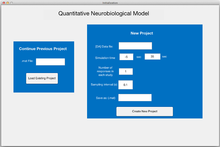 Quantitative neurobiological model setup screen for project simulation configuration, data input.