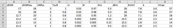 Data analysis table with parameters for kinetic modeling and enzyme reaction rates.