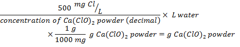 Chlorine concentration formula, chemical calculation, g Ca(ClO)2 powder from mg Cl/L and Ca(ClO)2 proportion.