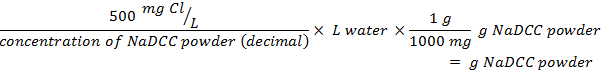 Chlorine concentration equation for calculating NaDCC powder in water solutions; formula and calculation.