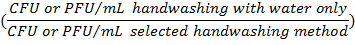 Ratio formula for evaluating handwashing methods in experimental microbiology analysis diagram.
