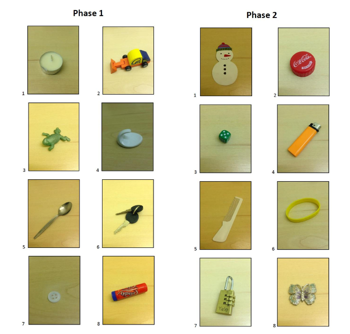 Sorting experiment with everyday objects; visual grouping phase 1 and phase 2 comparison chart.