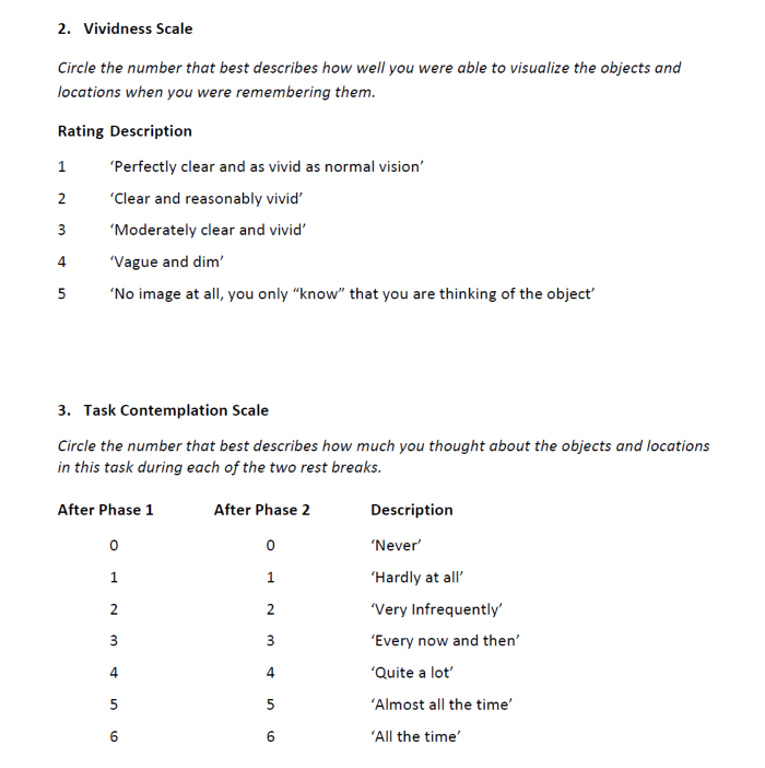 Vividness and task contemplation scales with 1-5 ratings and descriptions; psychological assessment chart.