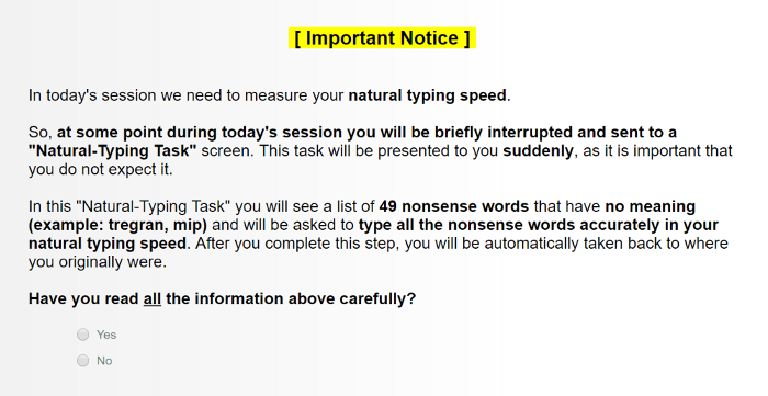 Natural typing speed measurement task notice, interactive survey prompt for experimental session.