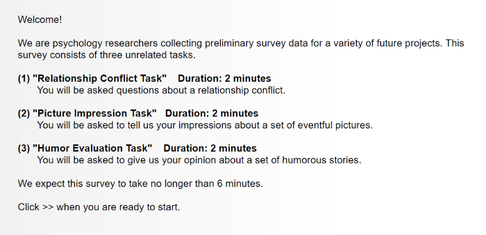 Psychology research survey tasks diagram; relationship conflict, picture impression, humor evaluation.