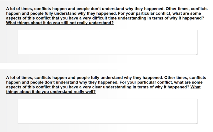 Conflict analysis questions with text boxes for reflection and understanding.