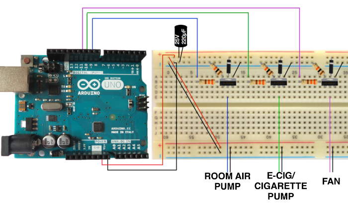 figure-protocol-3 Arduino-controlled circuit diagram with breadboard for air and fan pump system.