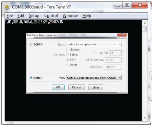 figure-results-2 Tera Term VT setup; serial connection configuration; COM1 port communication parameters.