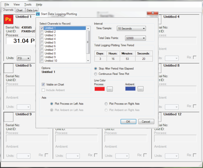 figure-results-4 Data logging interface for pressure measurement; displays channel selection, interval settings, real-time plotting options.