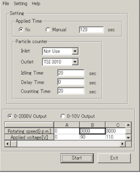 figure-results-6 Particle counting setup interface with settings for applied time, output voltage, and speed control.