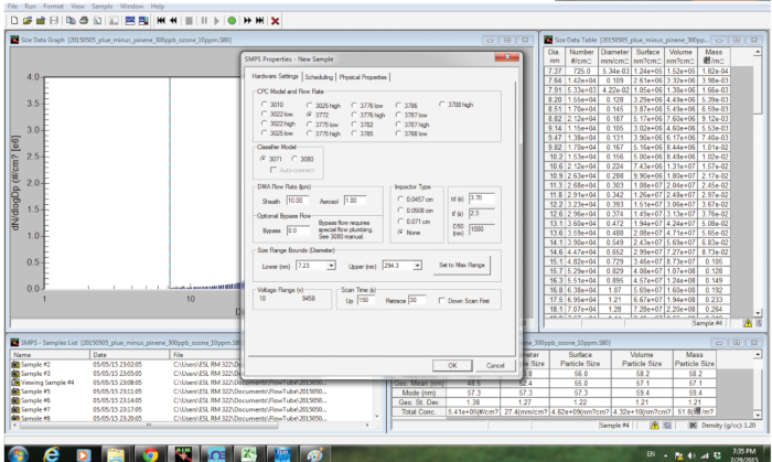 SMPS data analysis interface with graph and settings window; used for particle size distribution.