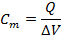 Capacitance formula \(C_m = \frac{Q}{\Delta V}\), equation for electrical charge and voltage analysis.