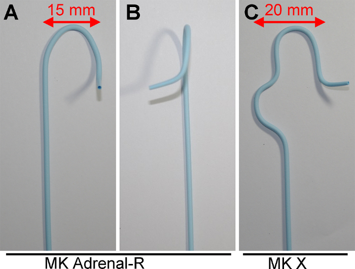 Catheter tip design comparison; dimensions labeled; medical equipment analysis; experimental results.