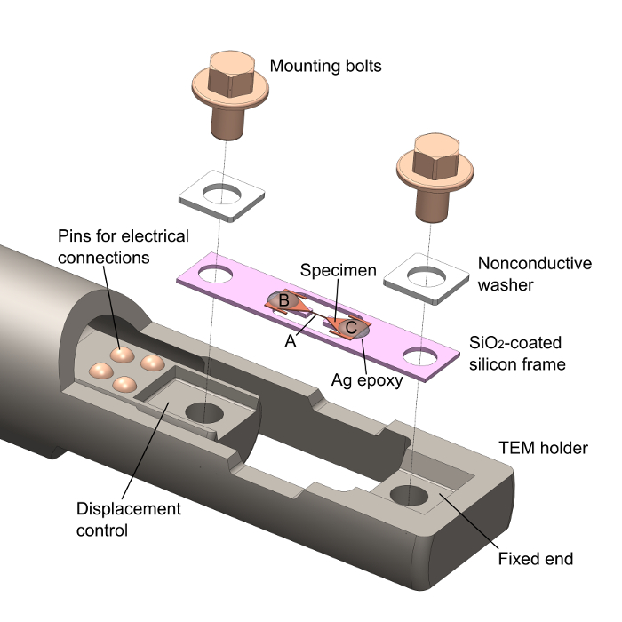 TEM holder setup diagram for specimen mounting; Ag epoxy, SiO₂ frame, displacement control.