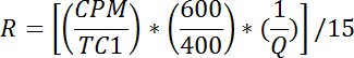 Static equilibrium equation R=[(CPM/TC1)*(600/400)*(1/Q)]/15 diagram, scientific calculation.
