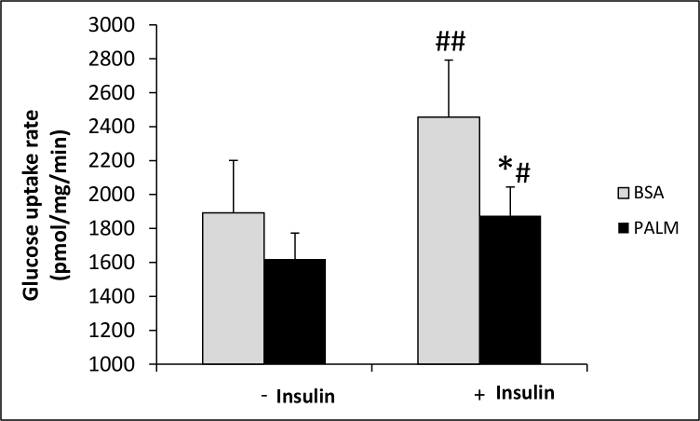 Bar chart of glucose uptake rate showing effects of insulin with BSA and PALM treatments.