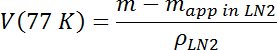 figure-protocol-3 Static equilibrium formula equation, V(77K)=(m−m_app in LN2)/ρ_LN2, cryogenic analysis.