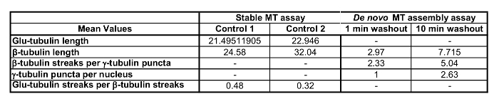Stable and de novo MT assembly assay results: Glu-tubulin, β-tubulin lengths; mean value table.