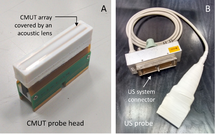 figure-introduction-2 CMUT and ultrasound probe apparatus for acoustic imaging; CMUT array, US system connector depicted.