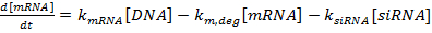 Gene expression model equation for mRNA dynamics; formula involving DNA, mRNA, siRNA influences.