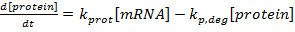 Protein synthesis rate equation; d(protein)/dt, k_prot[mRNA], k_p,deg[protein], biochemical process.