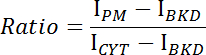 Ratio calculation formula, fluorescence intensity equation, experimental measurement analysis.