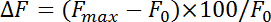 Static equilibrium formula, ΔF=(Fmax−F0)×100/F0 equation for force analysis.