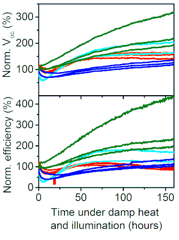 Graph showing photovoltaic efficiency and V_oc over time under damp heat and illumination.