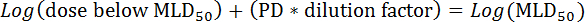 Logarithmic equation for drug dose calculation, formula: Log(dose below MLD50) = Log(MLD50).