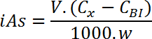 iAs concentration formula, V.(Cx-CBI)/1000.w, chemistry equation for analysis.
