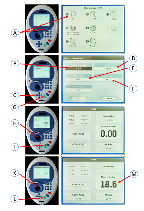 Spectroscopy setup for DNA quantification, showing device interface and measurement parameters.