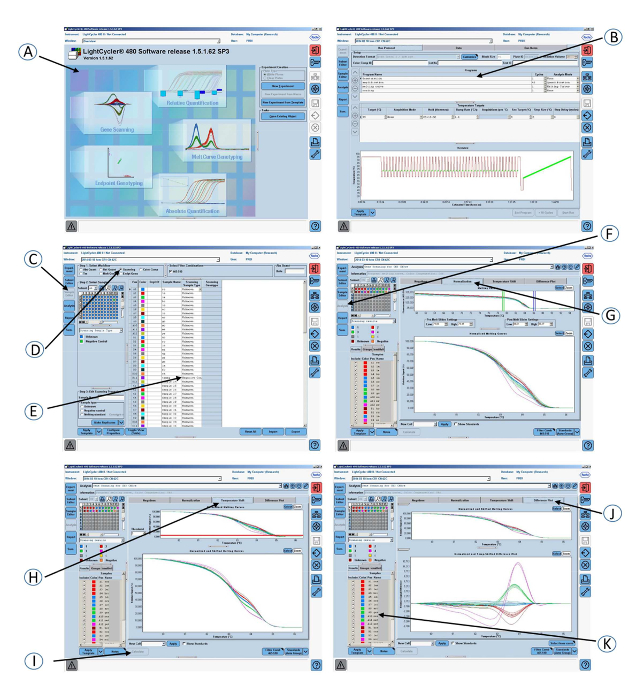 LightCycler analysis software interface with data input, fluorescence graph, and qPCR results chart.