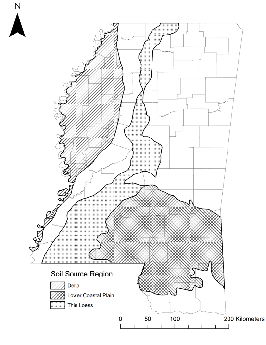 Soil source regions map; Delta, Coastal Plain, Thin Loess; geographical, environmental study.