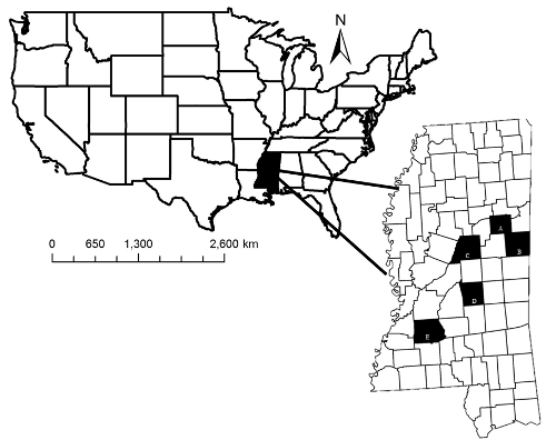 Map of U.S. highlighting Mississippi counties with zoomed inset; geographic distribution study.