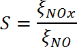 Stoichiometry formula S=ξNOx/ξNO for chemical reaction analysis.