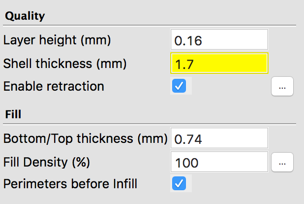 3D printing settings interface; layer height 0.16, shell thickness 1.7, fill density 100%.