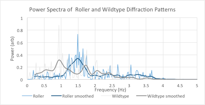 figure-results-6 Power spectra graph; roller vs. wildtype diffraction patterns; frequency vs. power analysis.