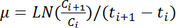 Bacterial growth rate formula, μ=LN(Ci+1/Ci)/(ti+1-ti), mathematical equation.