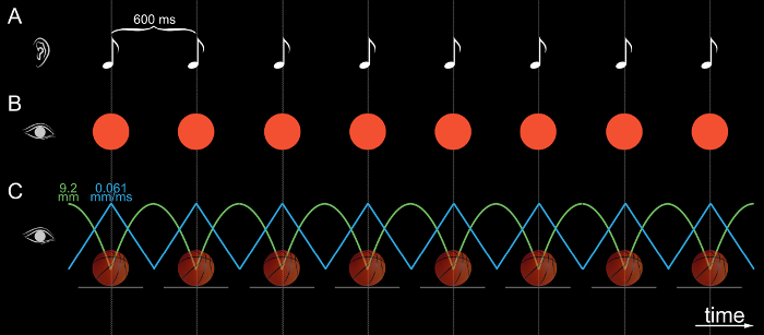 figure-introduction-1 Pendulum motion diagram with notes, visual and auditory cues, showing oscillation and periodicity.