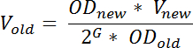 Volumetric dilution equation diagram with optical density (OD) calculation process for solution mixing.